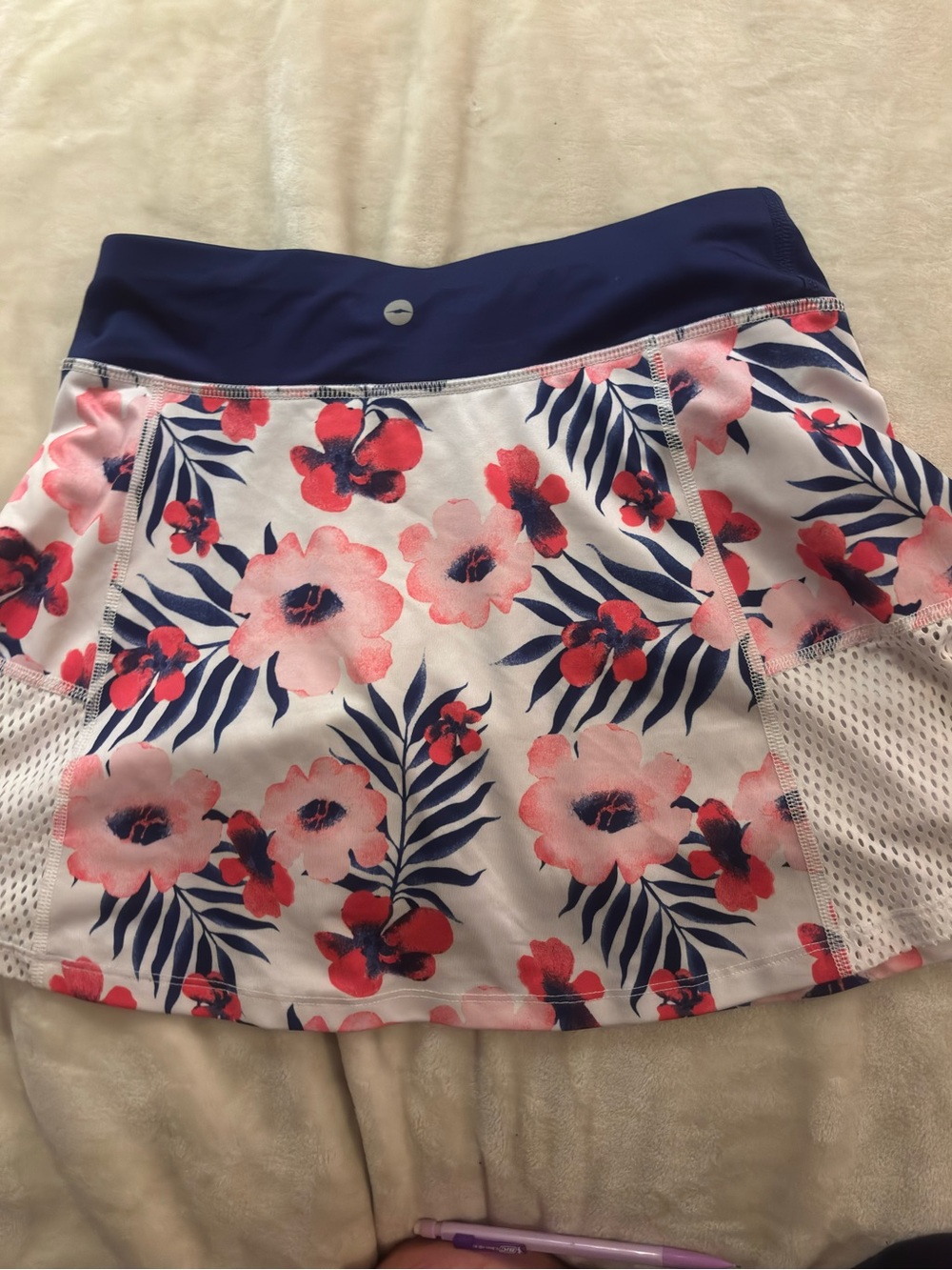 Avia Navy Waist Floral Mini Skirt with Pink and Red Blooms